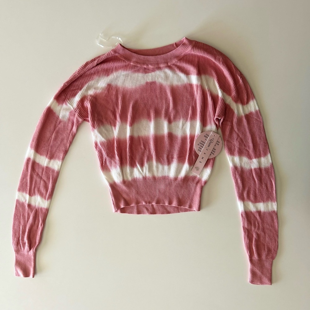 Crave Fame Womens Size M Pink White Tie Dye Ribbed Long Sleeve Jewel Neck Top